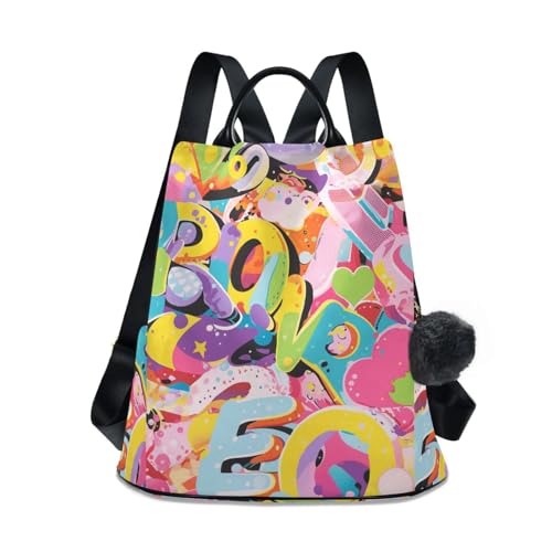KLL Graffiti Artwork Colorful Letters Fashion backpack for college trendy backpack for women with for Travel, Work, Everyday with Pom-pom keychain