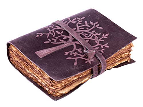 Vintage Leather Journal Tree of Life - Leather Bound Journal - Vintage Deckle Edge Paper - Sketchbook - Journal for Women Men - Book of Shadows - (8 X 6 Inches - FUCHSIA) by LEATHER VILLAGE