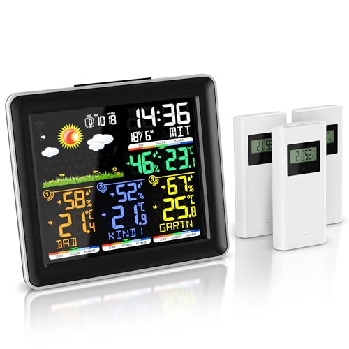 Brandson - Wetterstation Funk mit Außensensor - Farbdisplay - DCF Empfangssignal Funkuhr - Innen und Außentemperatur - Wettervorhersage - Temperatur...
