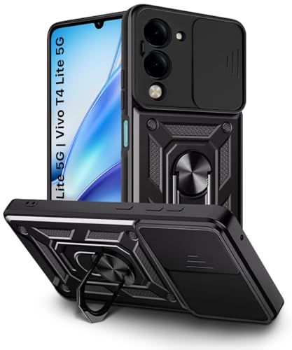 Image of WOW IMAGINE Tough Armor Bumper Mobile Back Case for iQOO Z10 Lite 5G | Vivo T4 Lite 5G | Sliding Camera Cover | Shock Proof 360 Protection | Hybrid PC + TPU | Ring Holder with Kickstand - Black
