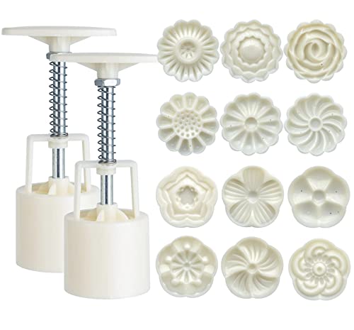 Moon Cake Mould Set,Includes 12 pcs Flower Pattern Base and 2 Pieces Bath Bombs Press,Mid Autumn Festival DIY Hand Press Cookie Stamps Pastry Tool Moon Cake Maker(50g)