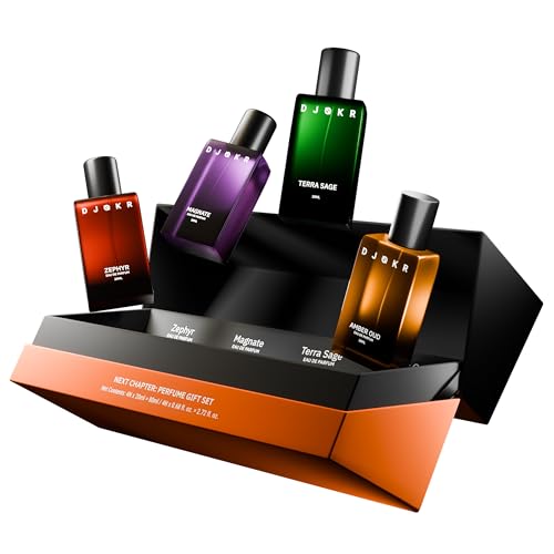 Image of Djokr Next Chapter Men's Perfume Gift Set | 4 x 20 ml Eau de Parfum - Zephyr, Magnate, Terra Sage, Amber Oud | Long-Lasting Fragrance | Pack of 4 Premium Perfumes for Men
