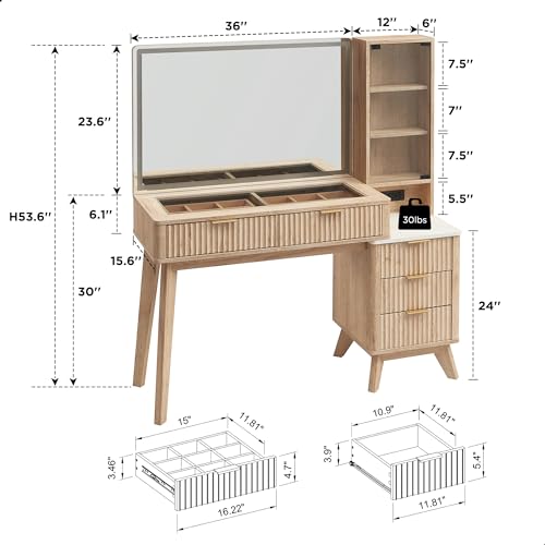Image of T4TREAM 48 inch Fluted Makeup Vanity Desk with 36 inch Lighted Mirror, Oak