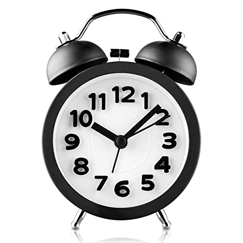 PILIFE 3 Mini Non-ticking Vintage Classic Bedside/Analogue Alarm Clock with Backlight, Battery Operated Travel Clock, Round and Loud Twin Bell Alarm Clock - Black