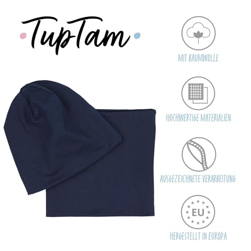 TupTam Jungen Beanie Mütze Schlauchschal Kinder 2er Set Herbst Winter gefütterte Übergangsmütze mit Loop, Farbe: Jersey zweilagig - Dunkelblau, Hat Size: 52