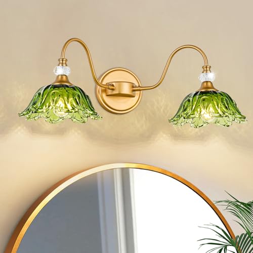 Image of Vintage Bathroom Vanity Light, 2-Light Matte Brass Finish Vanity Light with Floral Green Glass Shades, Retro Wall Sconce for Bathroom, Dressing Table