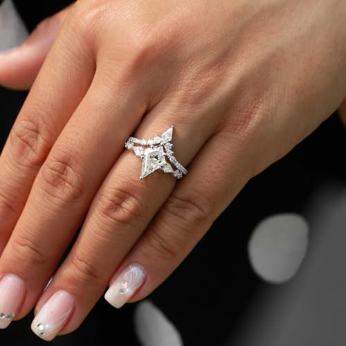 1.5ct Kite Cut Moissanite Wedding Ring Set for Women Silver or 10K/14K/18K Solid Gold Custom Engraved Antique Kite Shape Moissanite Wedding Band Set for Women Promise Ring Set 2pcs4