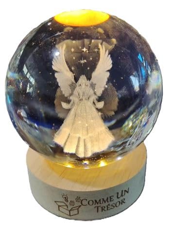 Comme Un Trésor Veilleuse Boule de Cristal 3D Ange 8 cm, Gravure Laser, LED Teinte Chaude, Socle Bois 6,5 cm, USB 5 V, Lampe de Chevet, Eclairage d'Ambiance