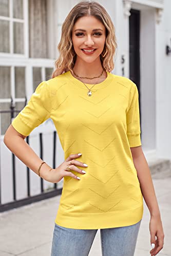 Newshows Womens 2023 Trendy Summer Short Sleeve Sweaters Tops Casual Lightweight Crew Neck Stretch Soft Knit Pullover (A1-Yellow,Medium) #TOP1