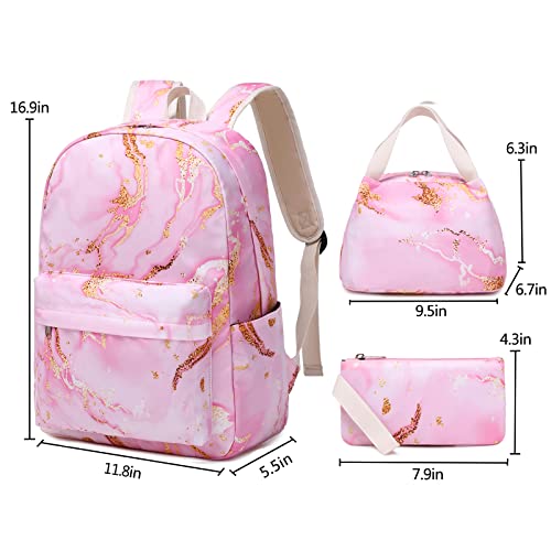 Sunborls Backpack for Teen Girls Lightweight High-Capacity Student Bookbag Women Backpack With Lunch Bag Pencil Bags Student Bookbags 3pcs（Marble pink）2