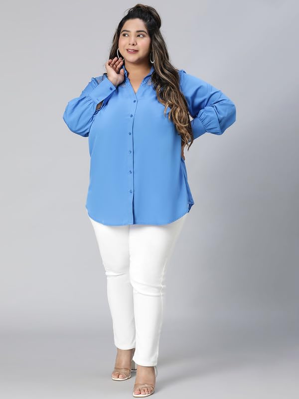 Image of oxolloxo Women Plus Size lace Detailed Collared Long Sleeve Shirt
