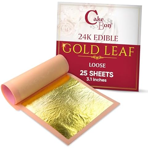 Edible Gold Leaf 24K by Cakebon - Cake Decorations, Loose Gold Leaf Sheets - 3.1 inches,25 Gold Foil Sheets Cover