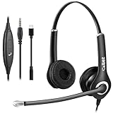 ヘッドセットPC用 3.5mm 両耳 ノイズキャンセリングマイク付き携帯電話用ヘッドホン iPhone、iPad、コンピューター、ラップトップに対応 Skype、Web会議、業務用、在宅勤務、ビジネス、コールセンターに適用 明瞭な会話 超快適