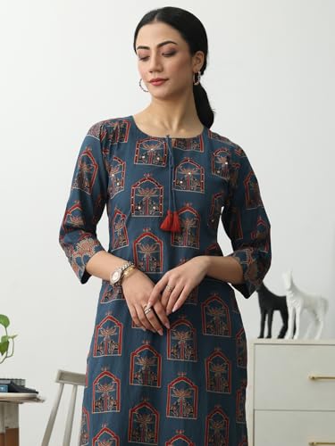 Image of Gerua Blue Ethnic Motifs Printed Straight Kurta Set