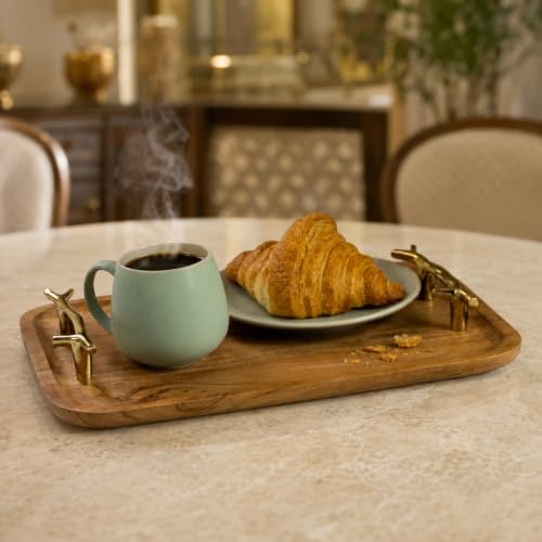 Image of CentraLit Decorative Acacia Wooden Tray for Serving - Dining Table Accessories & Kitchen Organizer Serving Trays - Luxury Wooden Tray| Gold Handles for Home Decoration (Twig Handles)