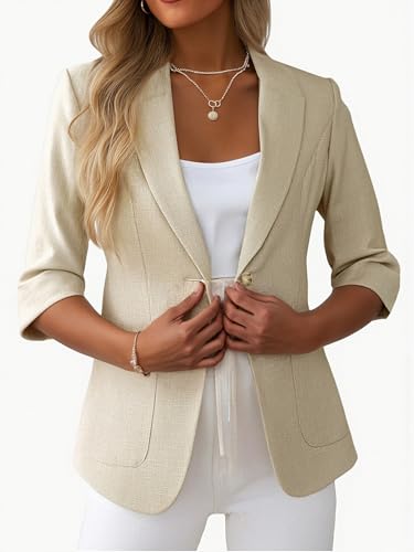 Mina Self Women's 3/4 Sleeve Linen Blazer 2025 Summer Lightweight Fully-Lined Lapel Button Casual Work Jacket Pockets2