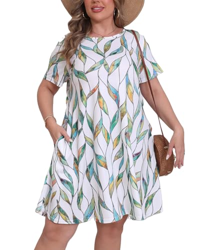 Image of 3X Plus Size Summer Dresses for Women Casual Floral Print T Shirt Dress with Pockets Above Knee Knegth White