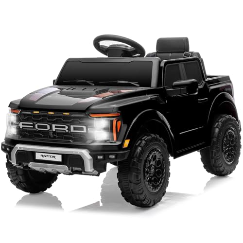 Segmart 12V Ride on Car Licensed Ford F-150 Raptor, Kids Electric Car with Remote Control, LED Light/Music/MP3, Truck Bed Storage, 3-Point Seat Belt (12V, Black)