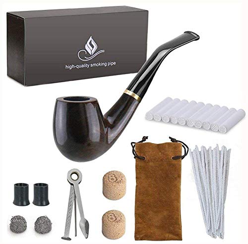 DJR Wooden Tobacco Smoking Pipe Set, Bent Ebony Smoking Pipe with Pipe Stand Holder, Smoking Accessories Wrapped with Gift Box