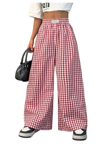 SOLY HUX Girl's Plaid Gingham Baggy Pants Elastic High Waisted Wide Leg Long Pants Trousers