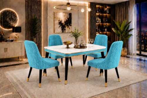 Image of WOODEN SPACE Majestic 4 Seater Wooden Dining Table Set | Urban Marble Top Dining Table with Chairs for Dining Room & Kitchen (Sky Blue Modern Vento) (54x36x30 inch)