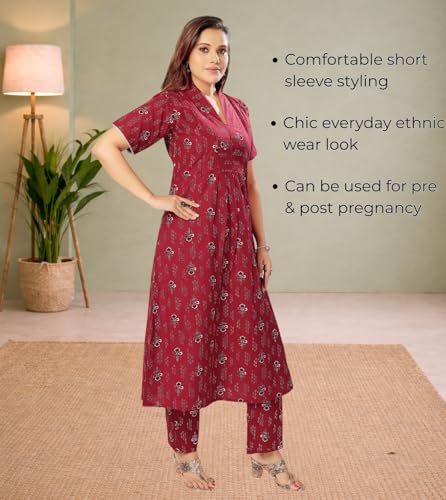 Image of Momenta Women's Pure Cotton Maternity Kurta Set | Feeding Kurti with Concealed Zippers | Maternity Dress for Pre & Post Pregnancy