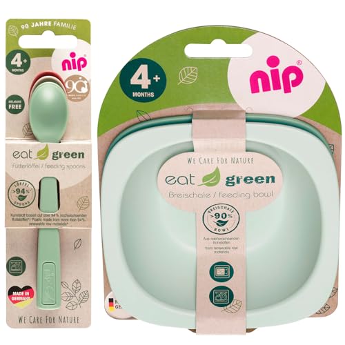 NIP Eat Green Geschirrset ab 4. Monat, 2 Breischale + 3 Eat Green öko bio Babylöffel, Made in Germany, Top Qualität Melamin frei, BPA frei, Spülmaschinenfest, geeignet für die Mikrowelle