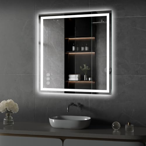 Image of Koonmi 36x28 LED Bathroom Mirror with Light, Anti-Fog, 3 Colors | Backlit + Front Lit, Dimmable Brightness, Shatterproof HD Distortion-Free Tempered Glass, Hardware Included