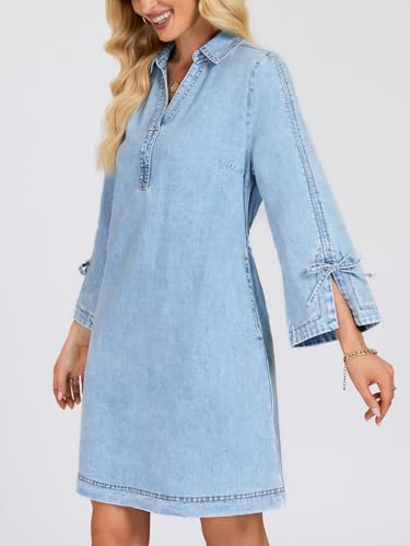 Image of Womens Denim Shirt Dress Collared V Neck Bell Long Sleeve Mini Casual A-line Jean Dresses with Bow