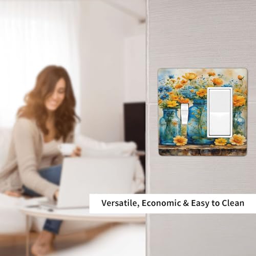 Decorative Outlet Covers Rustic Yellow Flowers Floral Blue Bottles 2 Gang 1 Gang Wall Plate Cover Single Toggle Rocker Combo Light Switch Cover Plate Face Plate for Bedroom Decor