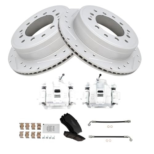 Image of TRQ Performance Rear Brake Pad and Rotor Set Ceramic Slotted Drilled Calipers Compatible with 2010-2014 Toyota FJ Cruiser
