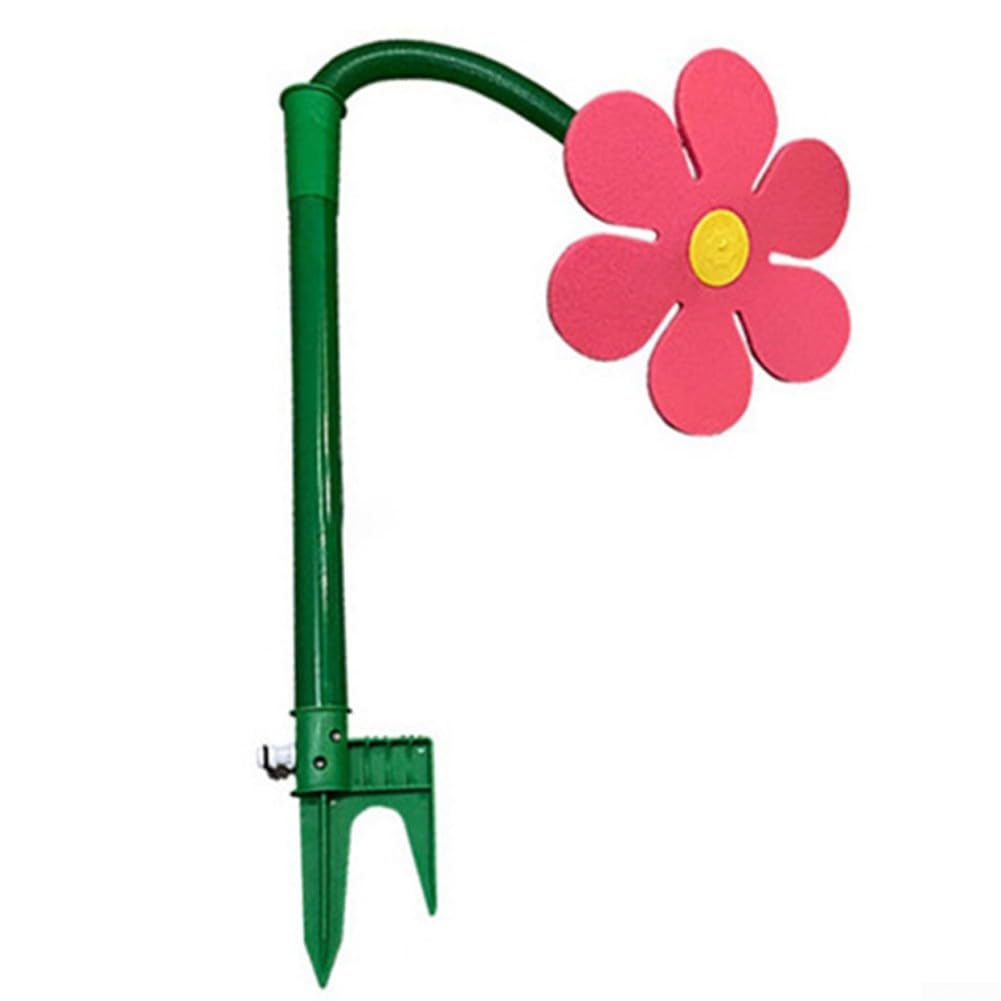Herramientas de riego de jardín de 360 grados, aspersor de girasol giratorio automático, para césped, parterres, huertos, equipos de riego de polietileno con estaca de espuma (rosa roja)