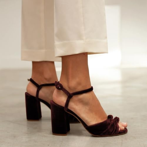 FSJ Women Velvet Heeled Sandals Ankle Strap High Block Open Toe Dress Pumps Chunky Heel Double Knot Bridal Wedding Dress Shoes Size 4-16 US2