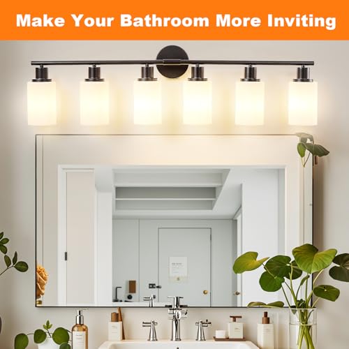 Image of DLLT 6-Light Bathroom Light Fixtures: Black Modern Vanity Lights with E26 Bulbs - Milky White Glass Shade Bathroom Wall Lamp for Mirror Kitchen Living Room Hallway Cabinet Porch