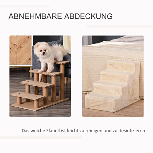 PawHut Hundetreppe 4-stufig, 35 cm Katzentreppe für Bett und Sofa, Haustiertreppe für Hunde und Katzen bis 5 kg, Plüschoptik, Beige
