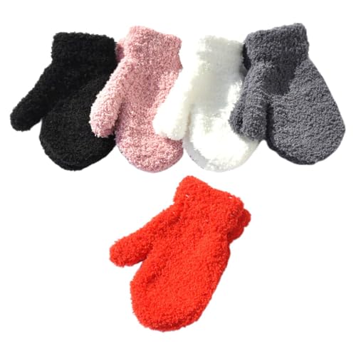 LOGOFUN 5pairs Kids Winter Gloves Warm Knitted Full Finger Mittens for Children Outdoor Cold Weather Black White Red Gray Pink