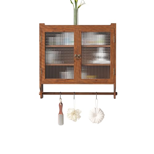 HAINEW Moderner Hängeschrank Küchenschrank Wandschrank mit 2 Glastüren und Hängestange, Holz und Glas Badschrank Sideboard Hängend Medizinschrank für Küche Bad, 63×18×60cm (Braun)