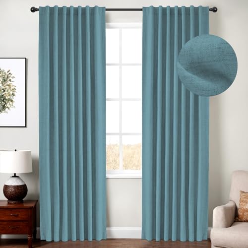 INOVADAY 100% Blackout Curtains 90 Inches Length 2 Panels Set, Back Tab/Rod Pocket Linen Black Out Curtains for Bedroom, Thermal Insulated Window Drapes - Teal, W50 X L90