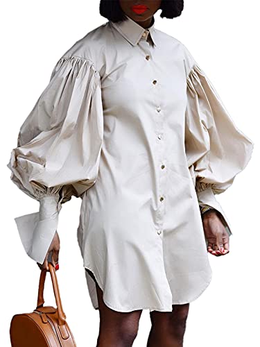 Blouse Dress for Women Button Down - Casual Lapel Long Lantern Sleeve Shirts Tops Mini Dress Apricot