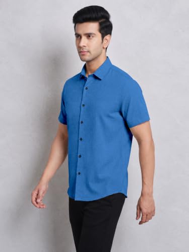 Image of TOPLOT Men's Casual Short Sleeve Button Down Shirt | Lightweight Breathable Textured Linen Formal Shirt | Summer Beach Vacation Relaxed Fit Man Shirts (5260)