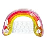 Flotador de piscina arcoíris – Silla de piscina flotante de malla con diseño de lentejuelas, balsa de agua flotante para adultos con 2 portavasos y juguete de piscina de 2 asas