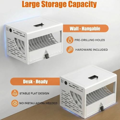 Image of 16 Unit Laptop Charging Station, Locking Charging Cabinet with Interior Steel Dividers & Power Strip, Metal Charging Organizer with Dual Installation Options for Classroom & Office, White
