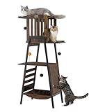 FourFurPets Modern Cat Tree, 58-Inch Cat Tower for Large Cats, Maine Coon Cat Tree with Scratching Board, Large Perch, Hammock and Removable Pads, Rustic Brown