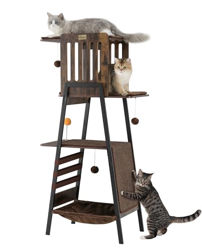 FourFurPets Modern Cat Tree, 58-Inch Cat Tower for Large Cats, Maine Coon Cat Tree with Scratching Board, Large Perch, Hammock and Removable Pads, Rustic Brown