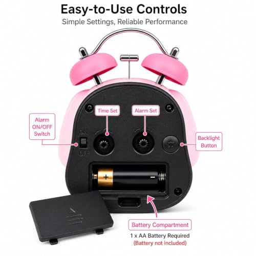 Image of HOME SKILL Alarm Clock for Kids Girls, Cute Pink Analog Alarm Clock for Bedroom, Twin Bell Desk Clock, Silent Non-Ticking Quartz Table Clock for Children, Teens & Adults (Pink Panda)