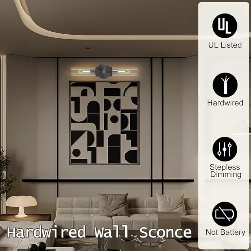Image of Bathroom Wall Sconce Hardwired, Black Wall Sconces Set of 2, 20.5 inch Vanity Lights Over Mirror, Linear Wall Sconce Dimmable, Bathroom Light Fixtures Glass Tube, Bronze Wall Sconces Interior