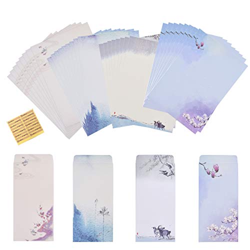 NUIBY 64 Pcs Letter Writing Stationery Paper Letter Set (32 stationery Paper + 32 Envelopes) Ink Painting Classic Vintage Antique Design