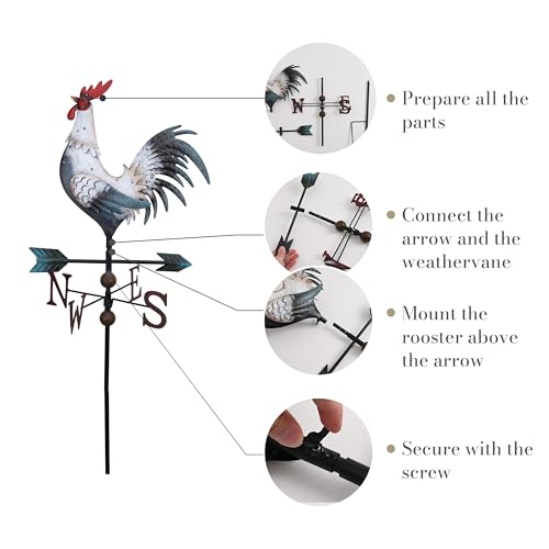 TERESA'S COLLECTIONS Wetterhahn Windfahne,Metall-Hahn Wind Vane 86cm,Weiß Hahn-Wetterfahne,Gartendeko für Draußen,Windrichtungsanzeige Solar Dekoration für Garten,Muttertagsgeschenk Vatertagsgeschenk