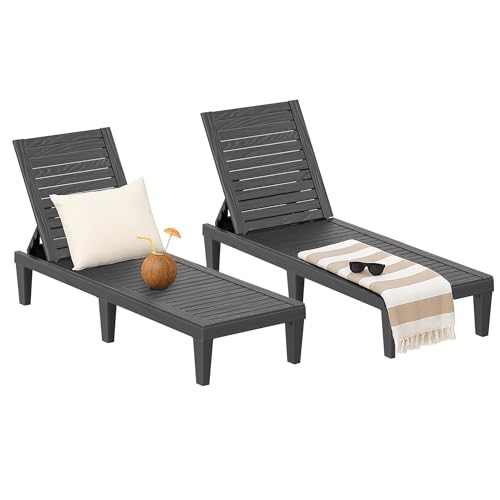 EasyUp Chaise Lounge Chair Outdoor, Resin Lounge Chair with 5-Position Backrest, UV - Resistant, Waterproof for Pool, Beach & Patio (Set of 2-Black1)