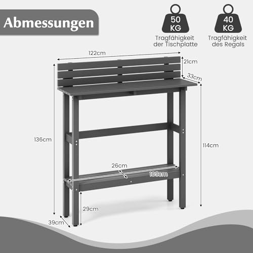 COSTWAY Outdoor Bartisch, Stehtisch mit Ablage und verstellbaren Fußpads, wetterfester Tresentisch aus HDPE, Bartheke für Balkon, Garten, Hinterhof, Grau, 122 x 39 x 136 cm – Bild 4